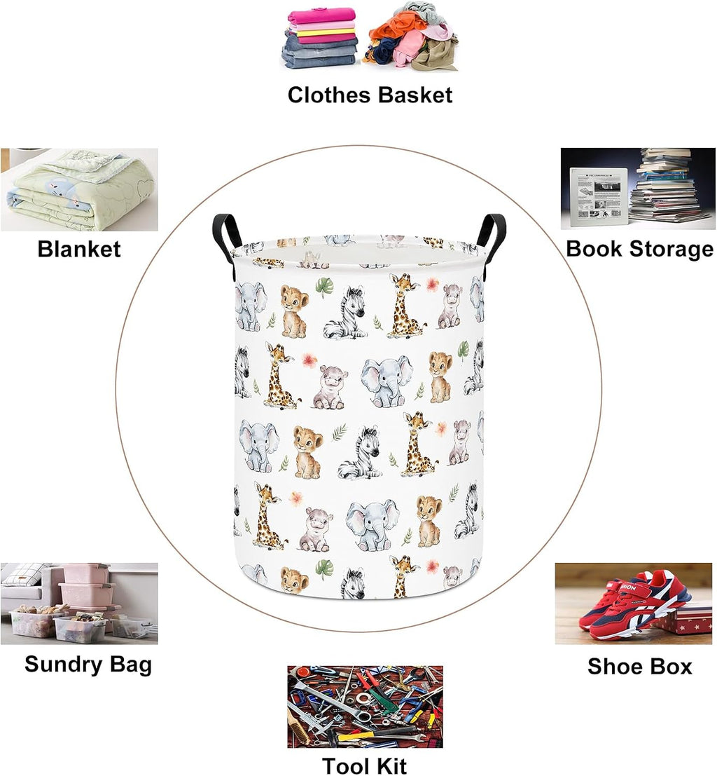 Round Jungle Wildlife Laundry Hamper, Cotton Canvas Storage Bin | Waterproof stain-resistant cotton canvas, reinforced hand grips, jungle wildlife print for bedroom, bath and dorm belongings