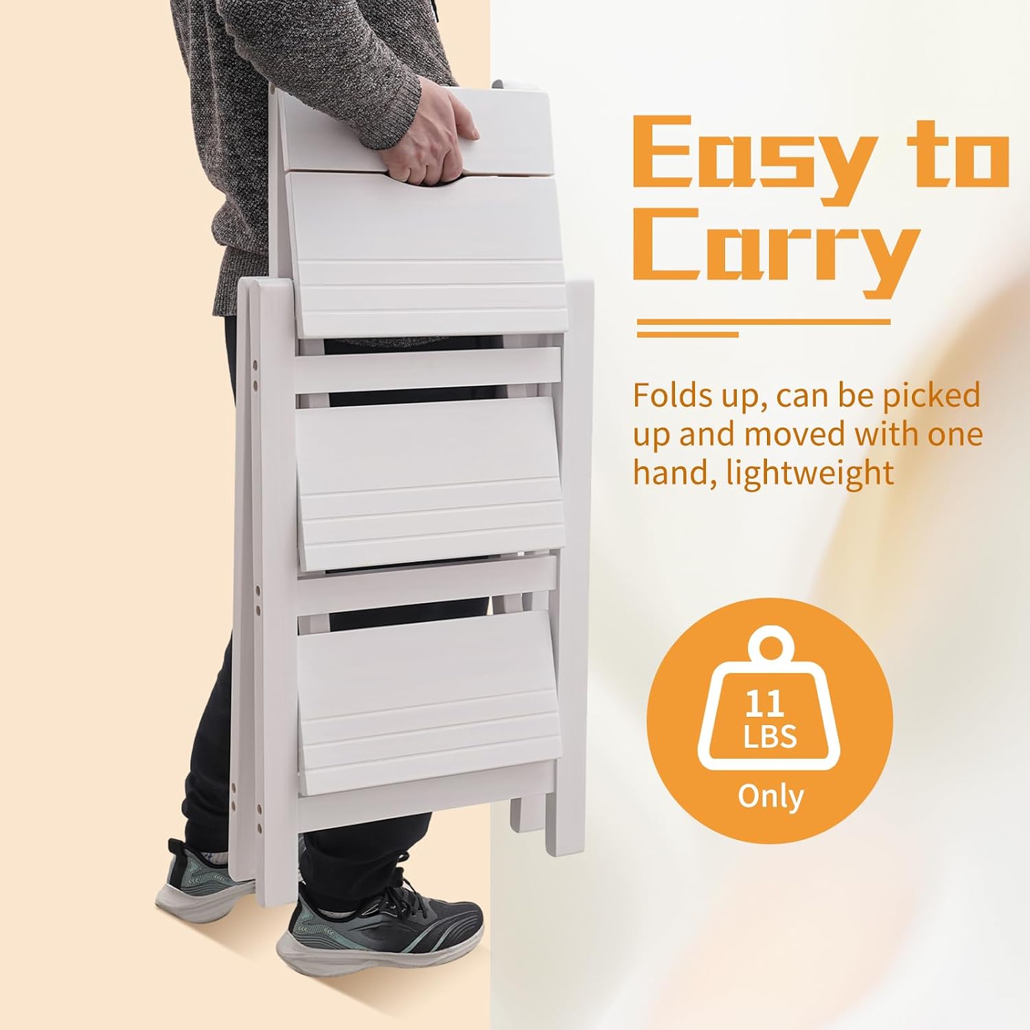 3-Step Ladder Chair Folding Step Stool Chair 22.44" L x 16.33" W x 25.6" H 220 LBS Load Capacity White Pinewood Counter Chairs for Kitchen Bedroom Living Room Warehouse, Space Saving
