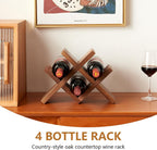 Solid Oak Wine Rack Countertop, 4 Bottle Tabletop Wine Holder - No Assembly Free Standing Wood Display for Kitchen, Bar, Office, Living Room | Walnut
