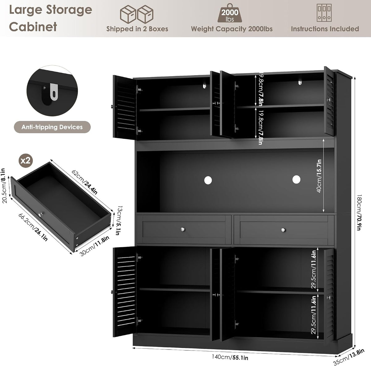 HIFIT 71“HX55“W Kitchen Hutch, Farmhouse Pantry Cabinet for Food Storage | Large Kitchen Pantry Cabinet with Countertop and Storage Drawers for Dining Living Room, Black