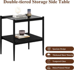 Set of 2 Rectangle Modern Glass End Table,Tempered Glass Top, Sofa Side Table with MDF Storage Shelf and Metal Legs,Modern Table for Living Room and Bedroom,Grey Glass/Black