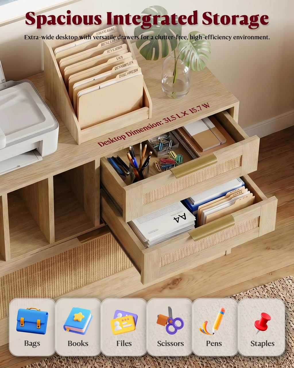 HOPUBUY 3 Drawer File Cabinet with Lock, Wood Rattan Lateral Filing Cabinet for Home Office, Printer Stand with 3 Open Shelves for Letter/Legal/A4/F4 Size, Adjustable Hanging Bars, Natural Wood