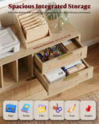 HOPUBUY 3 Drawer File Cabinet with Lock, Wood Rattan Lateral Filing Cabinet for Home Office, Printer Stand with 3 Open Shelves for Letter/Legal/A4/F4 Size, Adjustable Hanging Bars, Natural Wood