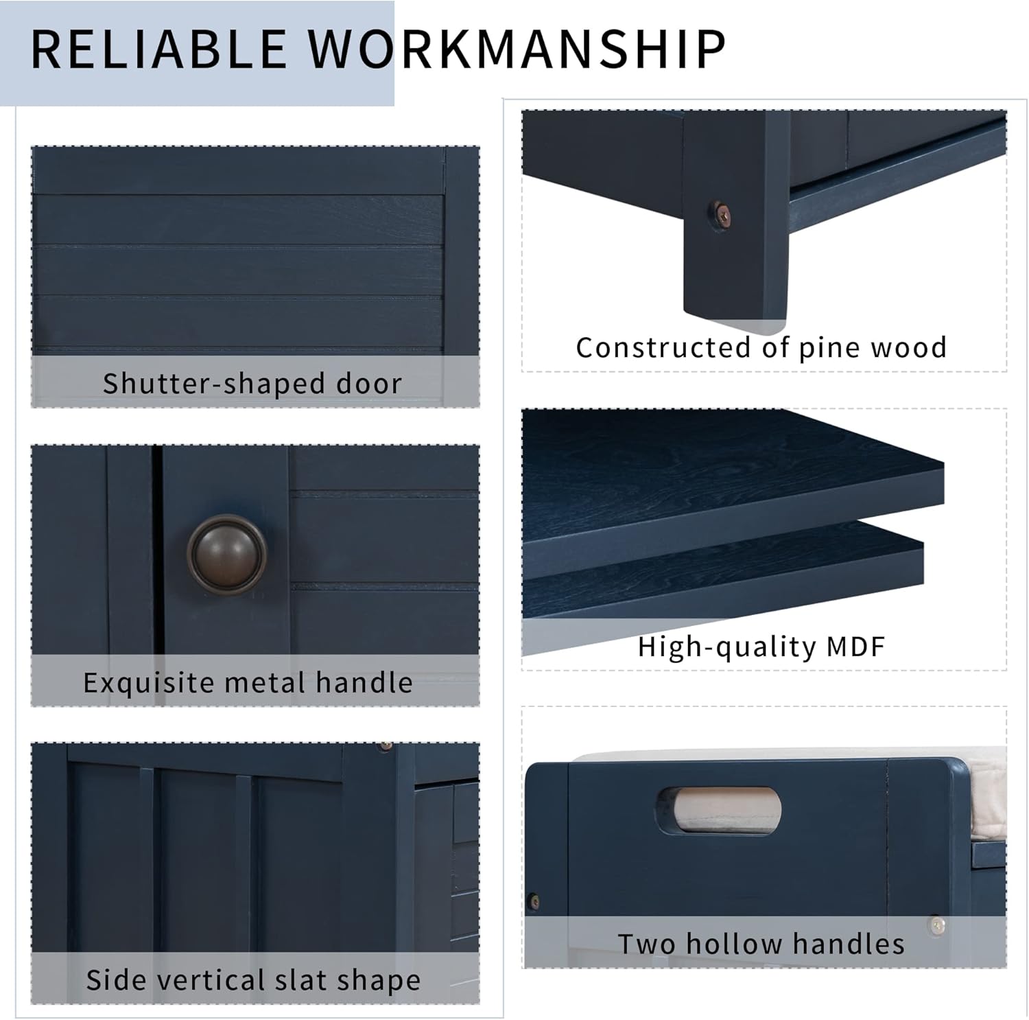 Storage Bench with 3 Shutter-Shaped Doors, Wood Shoe Bench with Removable Cushion and Hidden Storage Space for Entryway, Living Room, Hallway 43.5" L*16" W*18" H Antique Navy