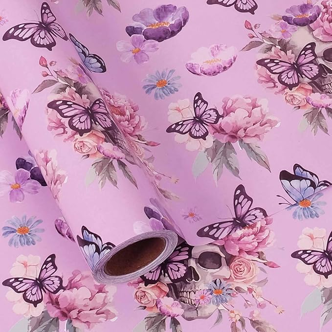 Aimyoo Gothic Wrapping Paper Roll, 17 Inch X 33 Feet Skull Floral Butterfly Design Gift Wrap Paper for Mother's Day, Birthday Bridal Shower