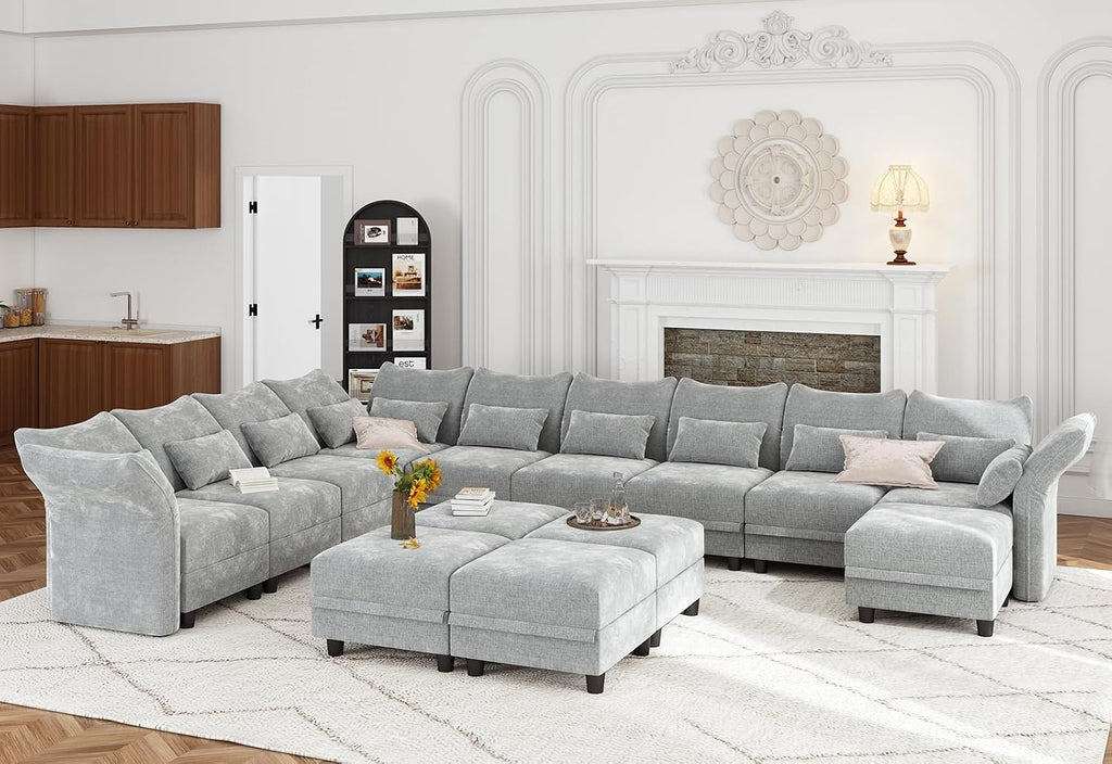 LLappuil Chenille Sectional Sofa Large U Shaped Modular Sofa with Storage Ottoman, 14 Piece Sectioanl Couches for Living Room, Adjustable Arms, Grey