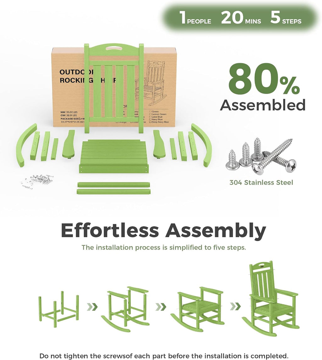 Rocking Chairs Outdoor, Oversized Patio Rocking Chair, All Weather Resistant HDPE, Heavy Duty Porch Rocker Chair with High Back Wide Arm Rest, LemonGreen