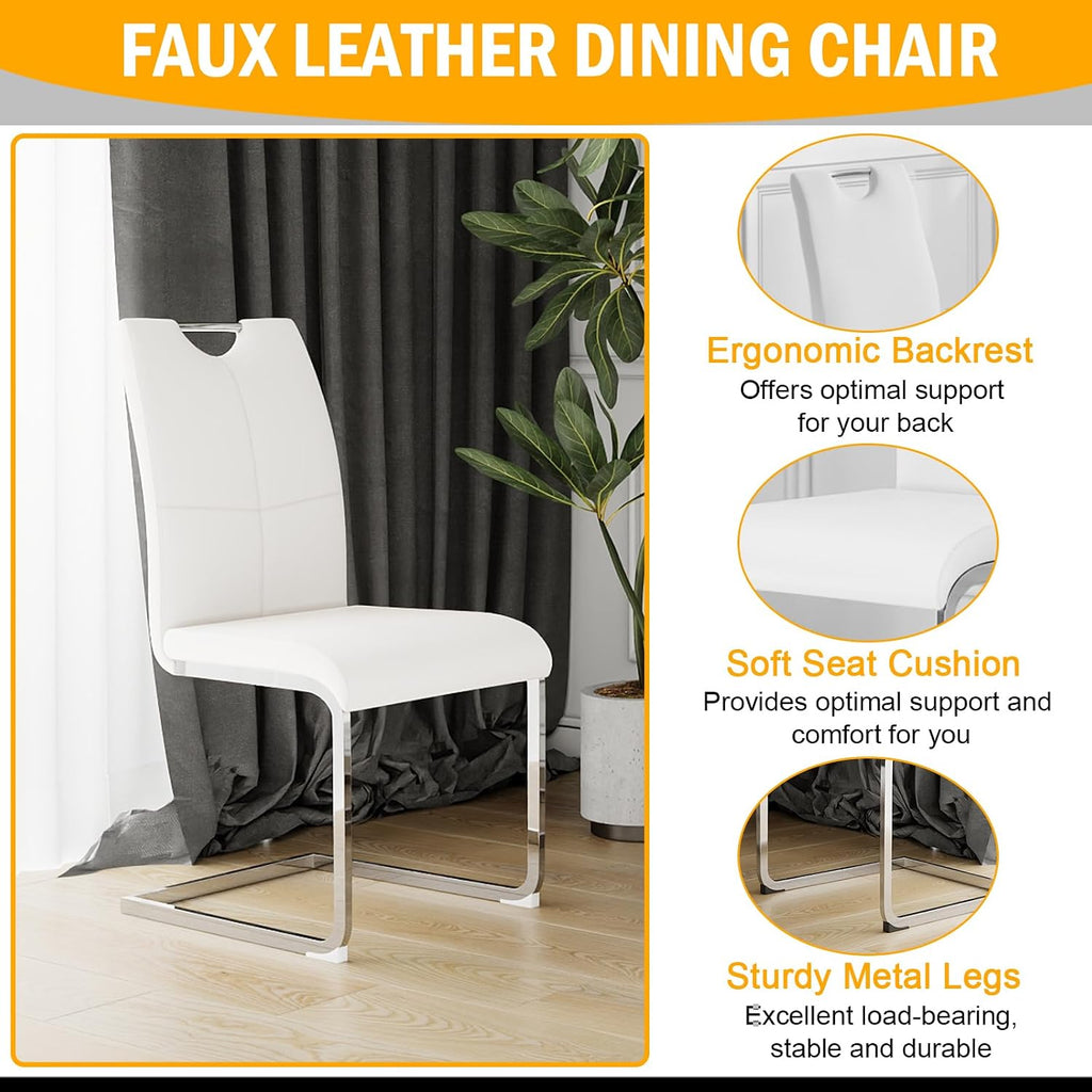Modern Glass Dining Table Set for 6, 60" Glass Kitchen Table and Chairs Set of 6, Dining Room Table Set for 6 with Pu Leather Chairs, 7 Piece Dining Table Set for Small Space Apartment, White & Silver
