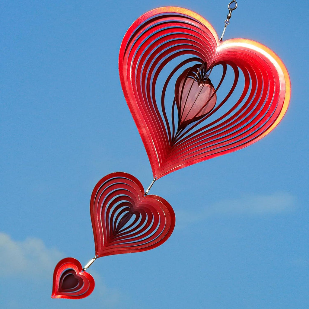 Wind Spinners Outdoor, 3D Red Hearts Hanging Wind Spinners, 14 inches, Kinetic, Stainless-Steel Metal, Smooth Spinning, Indoor and Outdoor Decoration for Garden, Patio, Yard, Gift for Women Mom Wife