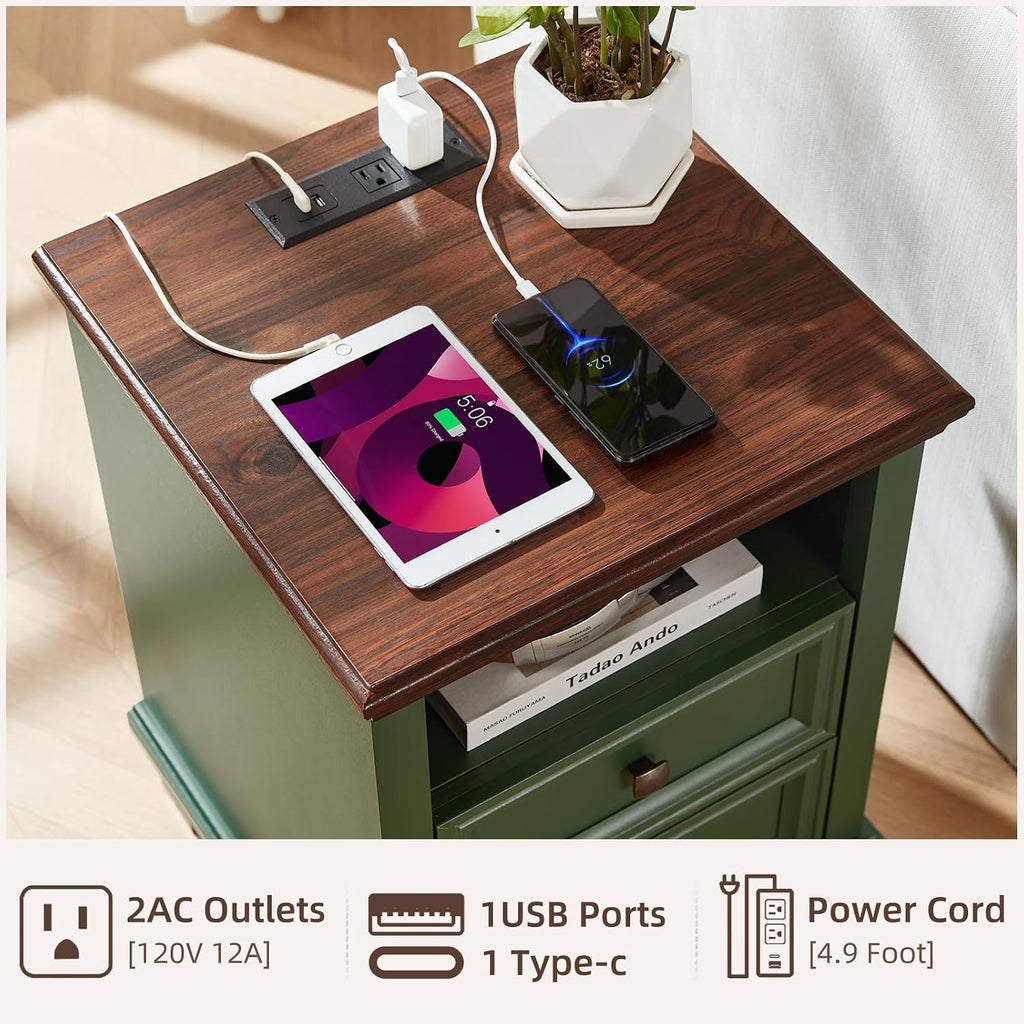 SAVOR LIFE Farmhouse Nightstand Set of 2 with Charging Station, Green | End Tables Bedroom with 2 Drawers, Traditional Night Stand with Open Shelf & Thickened Top & Square Wooden Legs