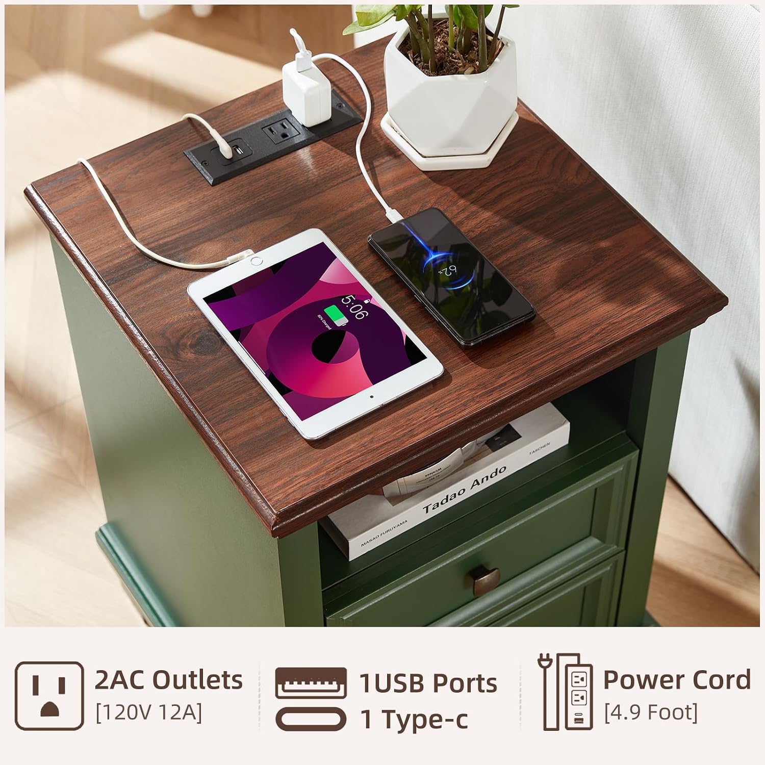 SAVOR LIFE Farmhouse Nightstand Set of 2 with Charging Station, Green | End Tables Bedroom with 2 Drawers, Traditional Night Stand with Open Shelf & Thickened Top & Square Wooden Legs