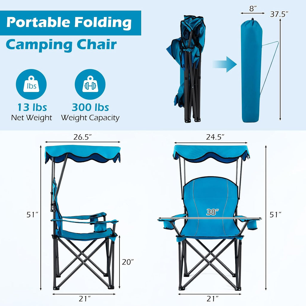 Goplus Camping Chair with Canopy Shade, Folding Lawn Chair with Umbrella Cup Holder & Carry Bag, Portable Sunshade Chair for Adults for Beach Outdoor Travel Hiking Fishing (Light Blue)