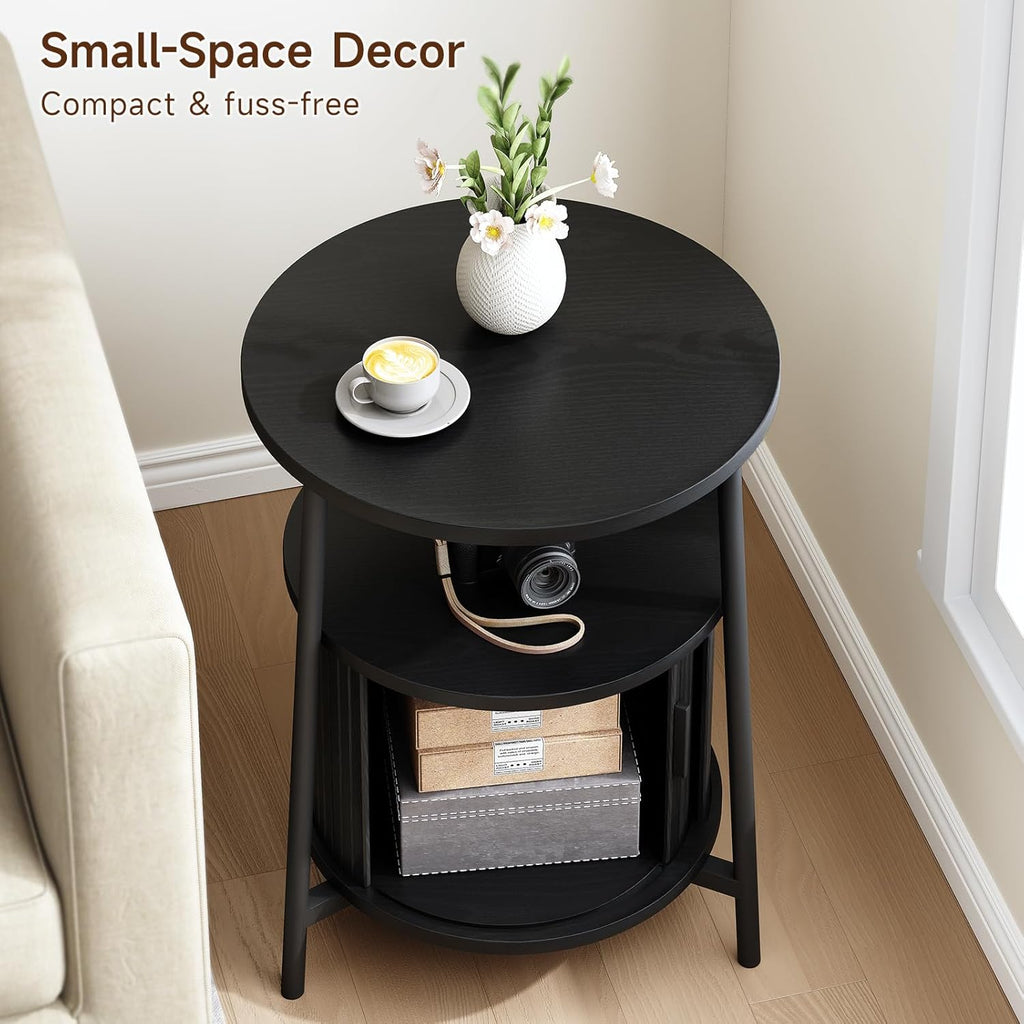 ONBRILL Round Side Table with Storage, Fluted Nightstand with Charging Station, Small Mid-Century Modern Bedside Tables, Black End Tables for Small Space Living Room Bedroom Sofa Couch