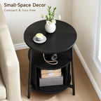 ONBRILL Round Side Table with Storage, Fluted Nightstand with Charging Station, Small Mid-Century Modern Bedside Tables, Black End Tables for Small Space Living Room Bedroom Sofa Couch