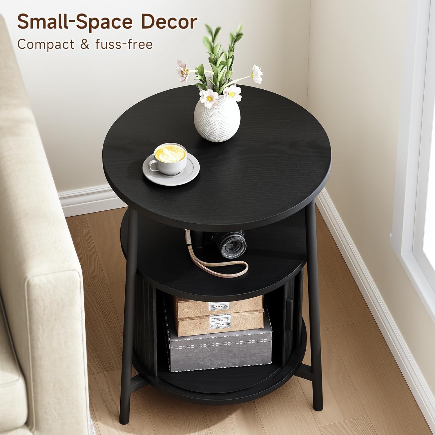 ONBRILL Round Side Table with Storage, Fluted Nightstand with Charging Station, Small Mid-Century Modern Bedside Tables, Black End Tables for Small Space Living Room Bedroom Sofa Couch