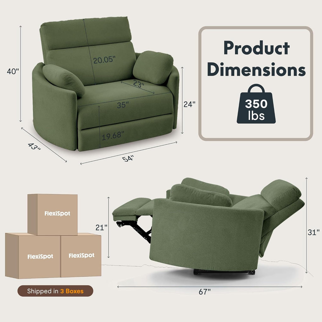 FLEXISPOT Mochi Oversized 54" Power Recliner Chair for Big & Tall, Chenille Fabric Electric Recliner with USB & Type-C Ports, Wide Single Sofa with Pillows for Living Room & Bedroom, Olive Green