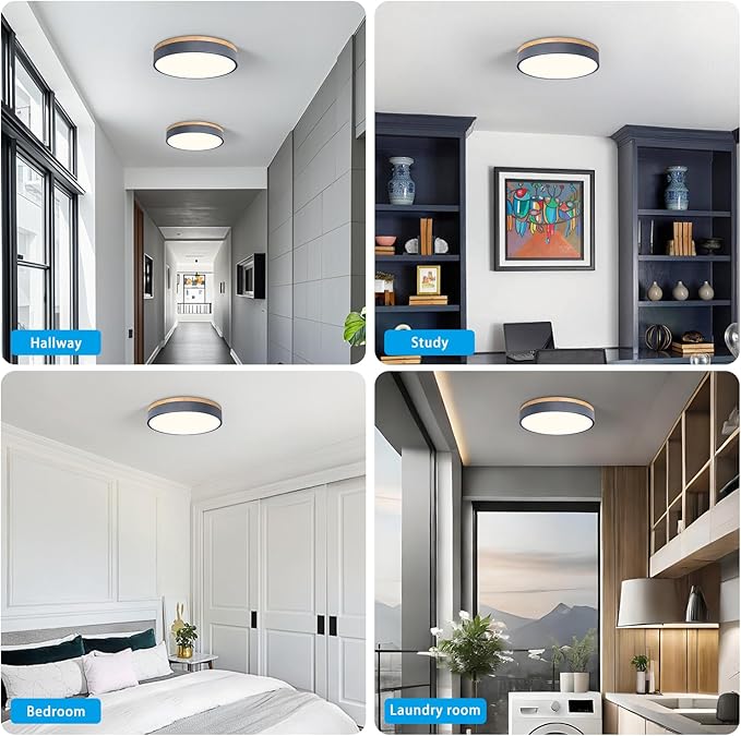 Modern Dimmable LED Close to Ceiling Light Minimalist Wood Oak Flush Mount Ceiling Light Fixture with Lampshade for Bedroom Living Room Bathroom Laundry Room (Grey-Dimmable, 11.8''/30cm)