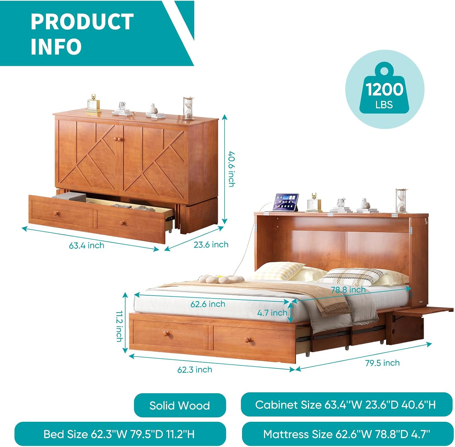 BALUS Murphy Bed Queen Size with Mattress, Queen Murphy Cabinet Bed-Cherry | Tri-Fold Mattress, USB Charing Station, Spacious Drawer, Space Saving, Queen Bed Frame