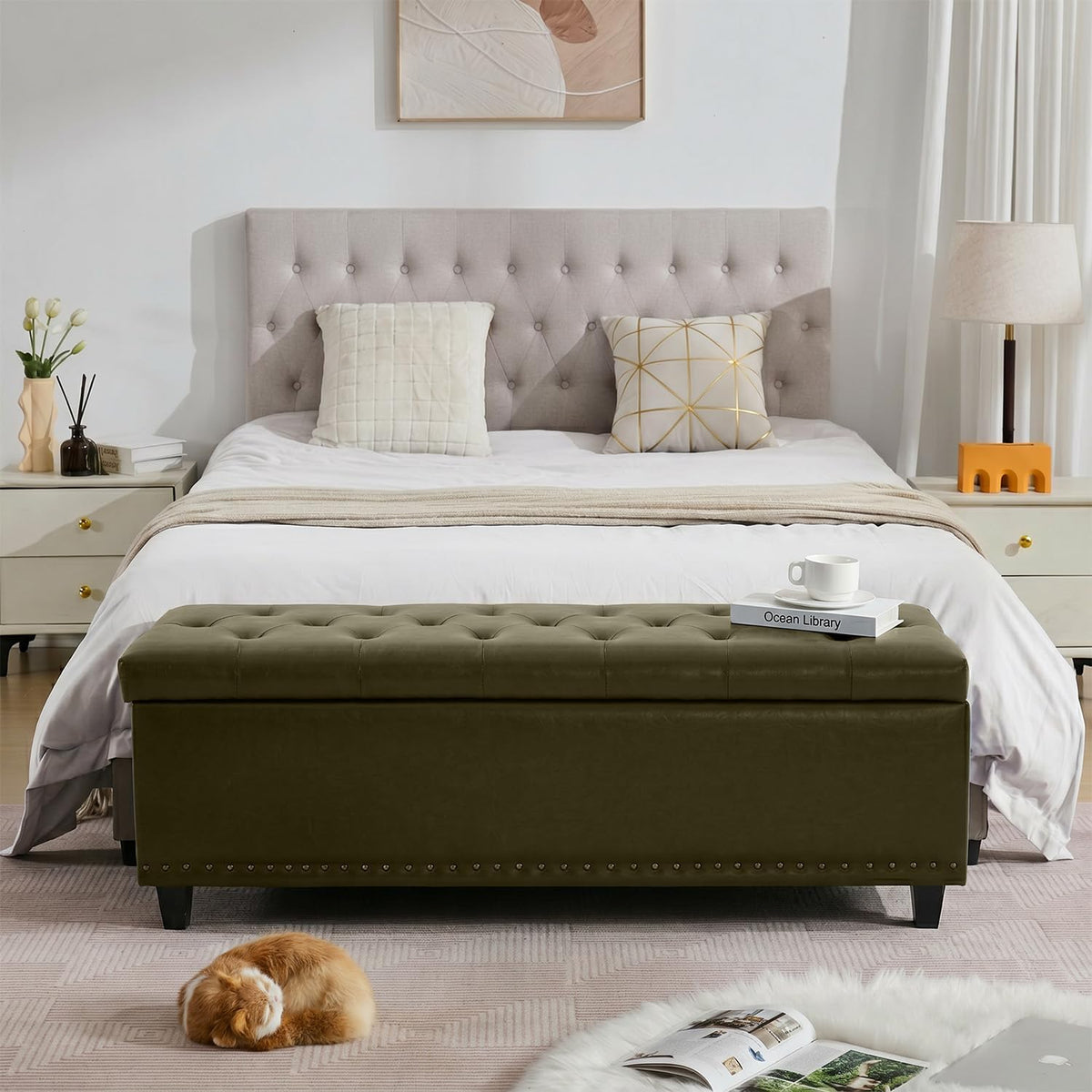 Tbfit 50.8" Large Storage Ottoman Bench with Button-Tufted Top, Blue PU Faux Leather End of Bed Chest with Safety Hinge and Rivets for Bedroom, Living Room (Green PU)