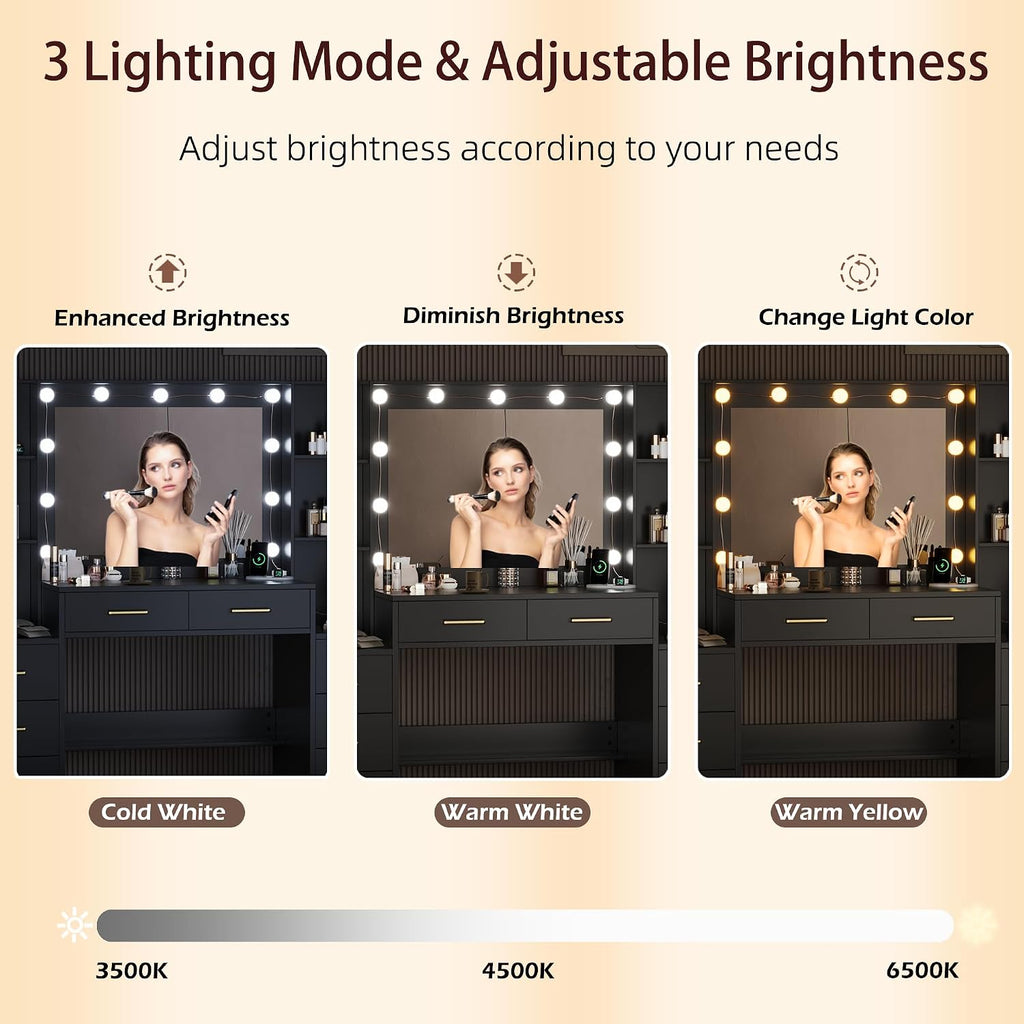 Makeup Vanity Desk with Mirror and Lights, 58.3" Makeup Vanity with Lights & Charging Station, Black Dressing Table Vanity Set Vanity Table with 8 Drawers & 2 Cabinets, with Installation tools