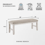 Lexicon Dining Bench with Padded Seat and Wooden Frame, Entryway Bench, Light Gray Textured Fabric Upholstered Dining Seat for Kitchen/Living Room, 19.5" SH, Brushed Antique White