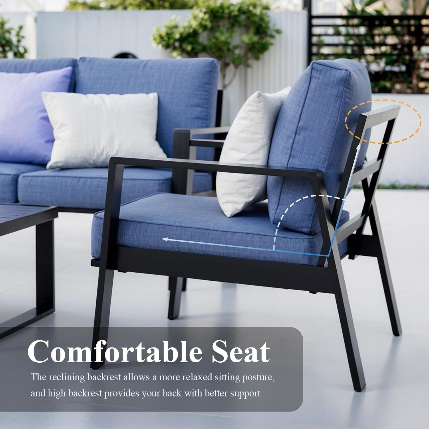 Aluminum Outdoor Patio Furniture Set, 5 Piece Sectional Coversation Sets with Coffee Table, Modern Outdoor Sofa Couch with Thick Cushions for Porch, Balcony, Garden (Black/Blue, 5 Pcs Set)