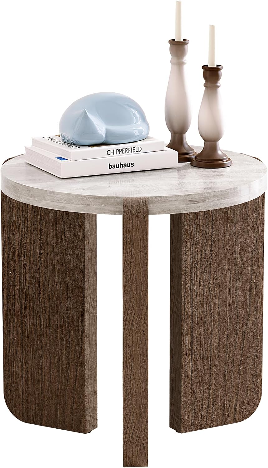 SUNBURY Side Table, Small Round End Table with 3 Legs, Nightstand for Small Spaces, Accent Table with Faux Marble Tabletopn for Living Room, Bedroom