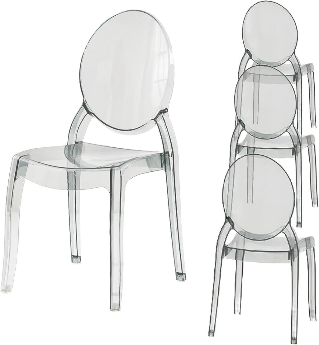 Fohfurniture Large 20" Seat Ghost Chairs Set of 4, Modern Acrylic Accent Dining Chairs, Kitchen and Restaurant Chairs, Circle-Back Armless Stackable Chair for Events, Weddings, Banquets Smoke Grey