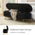 55.5" Velvet Upholstered Storage Bench with Channel Tufted Seat and Metal Legs, Multi-Functional Ottoman with Interior Organizer Pockets for Bedroom and Entryway, Flipping Lid Large Window Bench