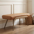 CIMOTA Mid-Century Modern Upholstered Bench, Channel Tufted Ottoman Bench with Solid Wood Trim and Bronze Metal Legs, 35.5" Accent Bench for Bedroom, Entryway, Living Room, End of Bed, PU Brown