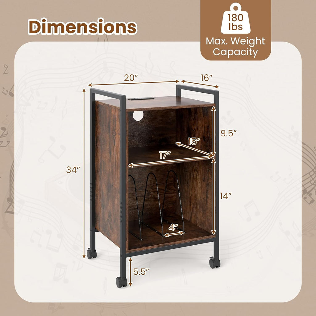 Giantex Record Player Stand with Charging Station, Mobile Turntable Stand with Record Storage & 4 Rolling Wheels, 3-Tier Vinyl Record Storage w/ Open Shelves & Dividers for Living Room, Rustic Brown