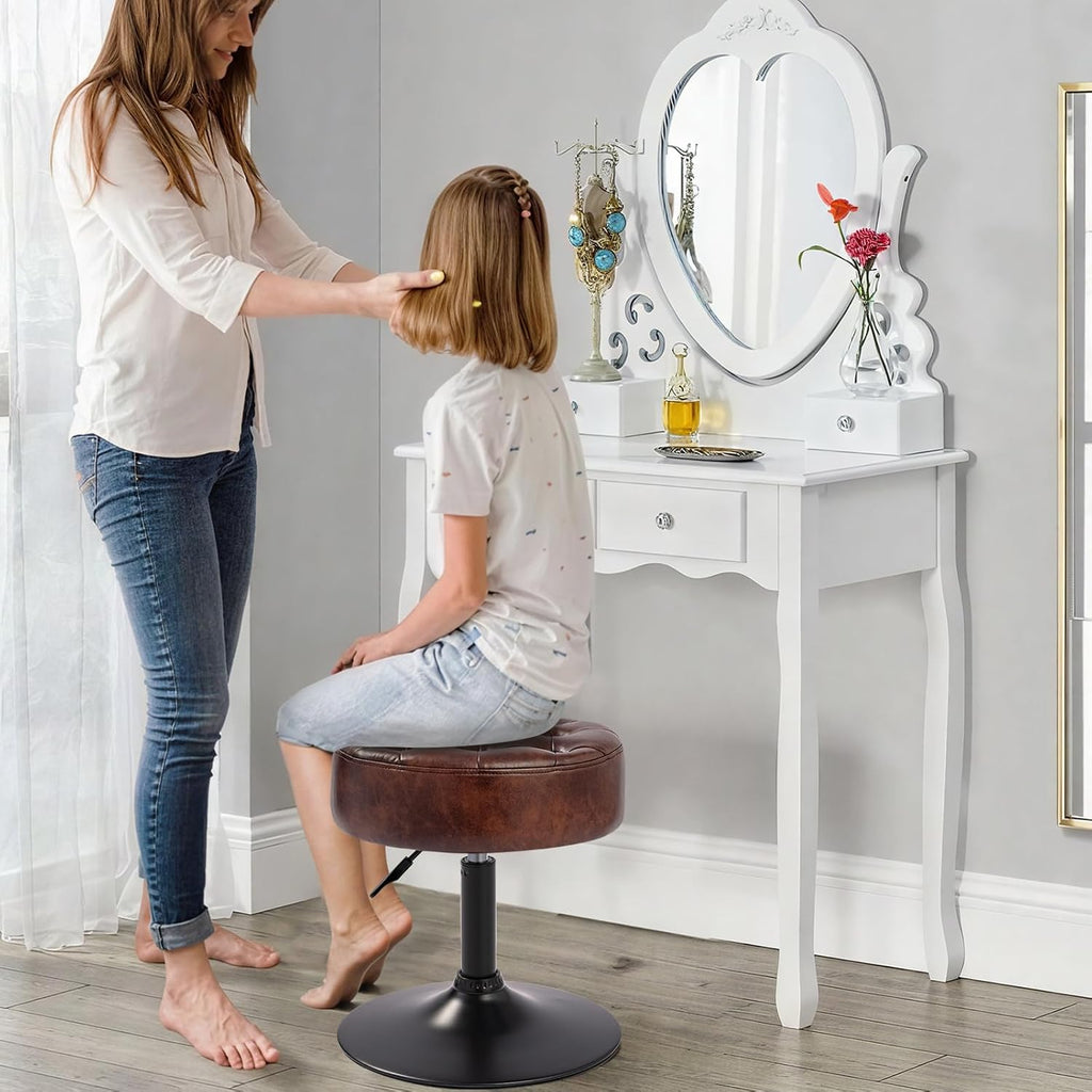 Velvet Tufted Makeup Chair, 360° Swivel Adjustable Vanity Chair Ottoman Stool Vanity Stool for Bedroom Modern Accent Chairs Big Size Stools for Living Room Bathroom, PU, Darkbrown