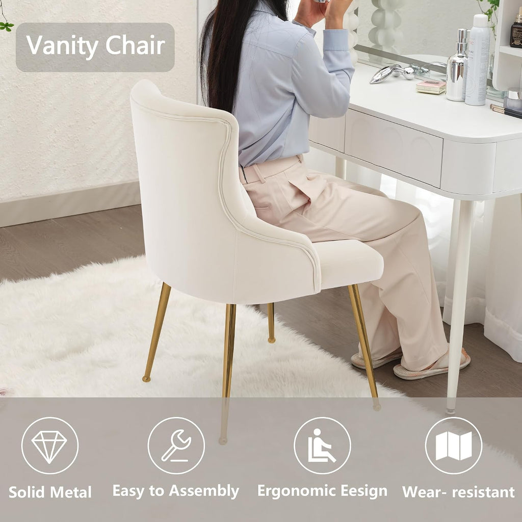 Velvet Vanity Chairs with Back, Upholstered Makeup Chair No Wheels with Metal Legs & Lumbar Pillow for Living Room/Makeup Room/Bedroom/Home Office/Kitchen