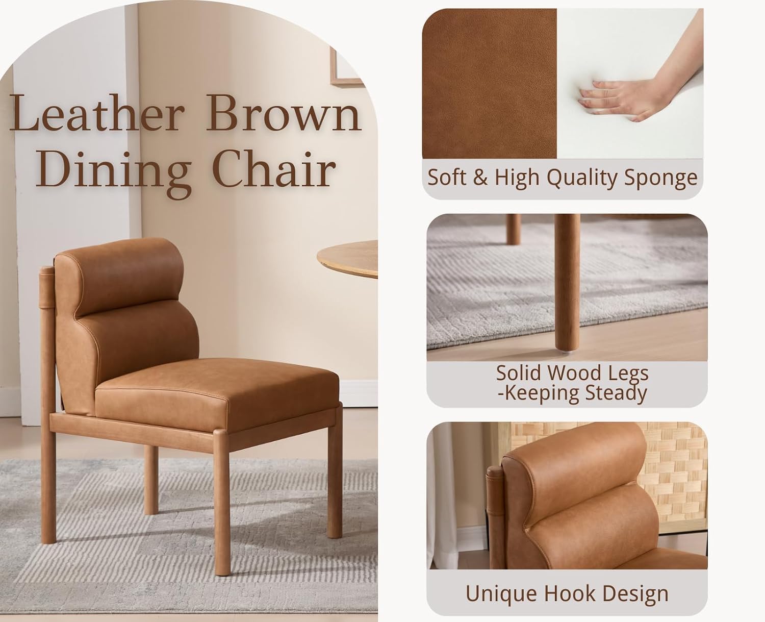 EALSON Dining Chairs Set of 2 Modern Upholstered Living Room Chairs Mid Century Comfy Leather Kitchen Chairs with Back Armless Solid Wood Dining Room Side Chairs for Kitchen/Restaurant/Cafe, Brown