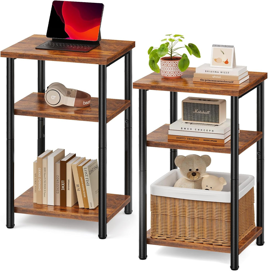 Sweetcrispy 3-Tier End Tables with Adjustable Feet, Bed Side Table, Small Nightstand for Bedroom, Office, Living Room Furniture, 2 Pack, Rust