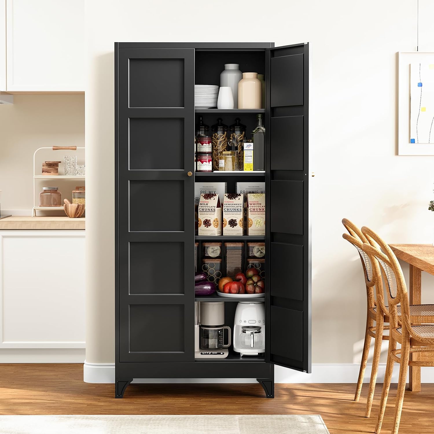 Yizosh Metal Pantry Cabinet,- 72" Black Kitchen Pantry Storage Cabinet with Doos and Adjustable Shelves for Kitchen, Living Room,Dining Room,Home