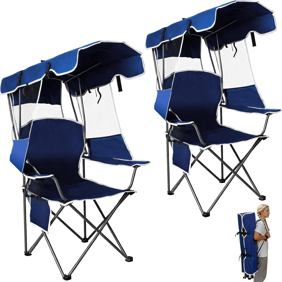 2 Pack Canopy Camping Chairs with Shade, Folding Beach Chair with Full Sun Protection, Portable Heavy Duty Outdoor Chair for Camping, Beach, Sports, Fishing, Lawn, Supports 400 lbs,Navy