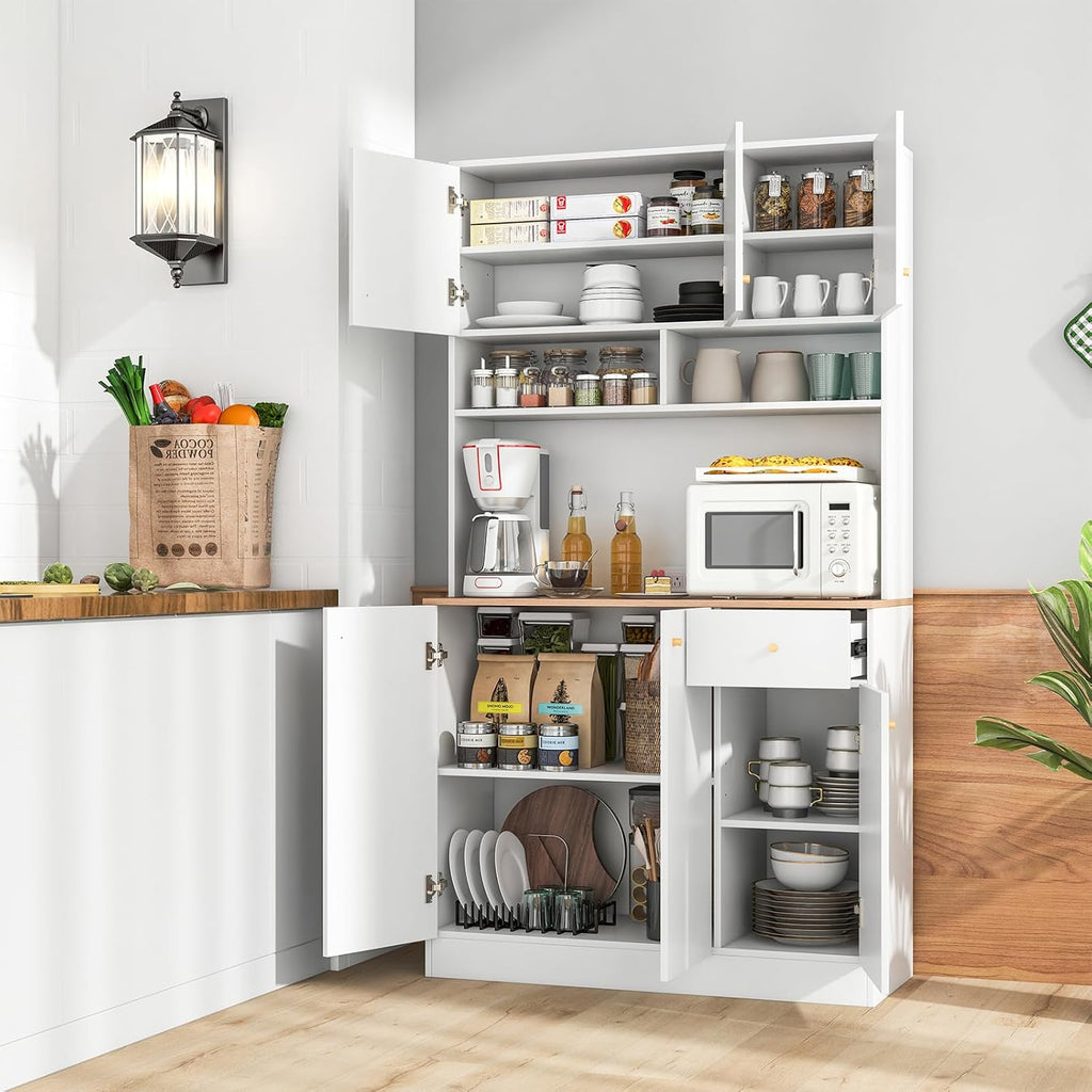 71" Tall Kitchen Hutch, Modern Pantry Storage Cabinet with Power Outlets, Microwave Shelf, Adjustable Shelves, Freestanding Buffet Cupboard for Dining Room