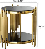 Gold Black End Table with Golden Stainless Steel Frame,Modern Glass Bedside Nightstand Table,Glass Cocktail Small Living Room Coffee Table