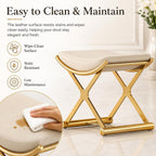 Makeup Vanity Stool Chair - Small Backless Leather Ottoman Bench Gold | With Cushioned Seat and Metal X-Frame for Vanity Desk, Bathroom, Bedroom and Dressing Room