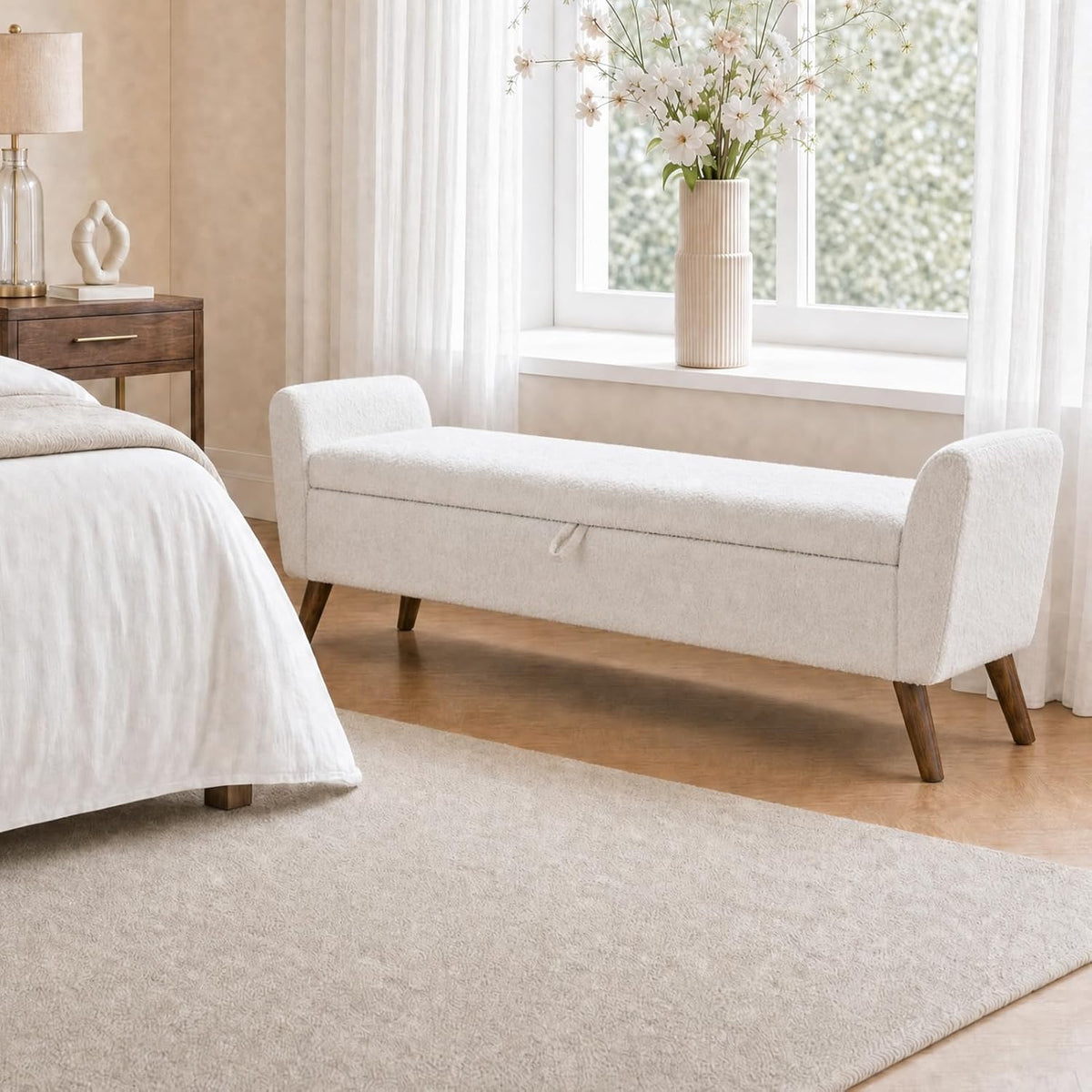60" Storage Ottoman Bench, Teddy Fabric End of Bed Bench with Solid Wood Legs, Large Hidden Storage for Bedroom & Entryway (Beige)