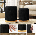 GOFLAME Round Velvet Storage Ottoman Set of 2, Upholstered Footrest with Gold Hoop, Vanity Stool Chair, Stackable Footstool for Living Room, Bedroom, Black & Golden
