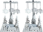 Winter Cabin Holiday Silver Candle Spinners Set of 2 – Silver Plated Laser Cut Christmas Cabin Scene Tea Light Candle Holders with Snowflake Charms – 5" Holiday Tabletop Décor