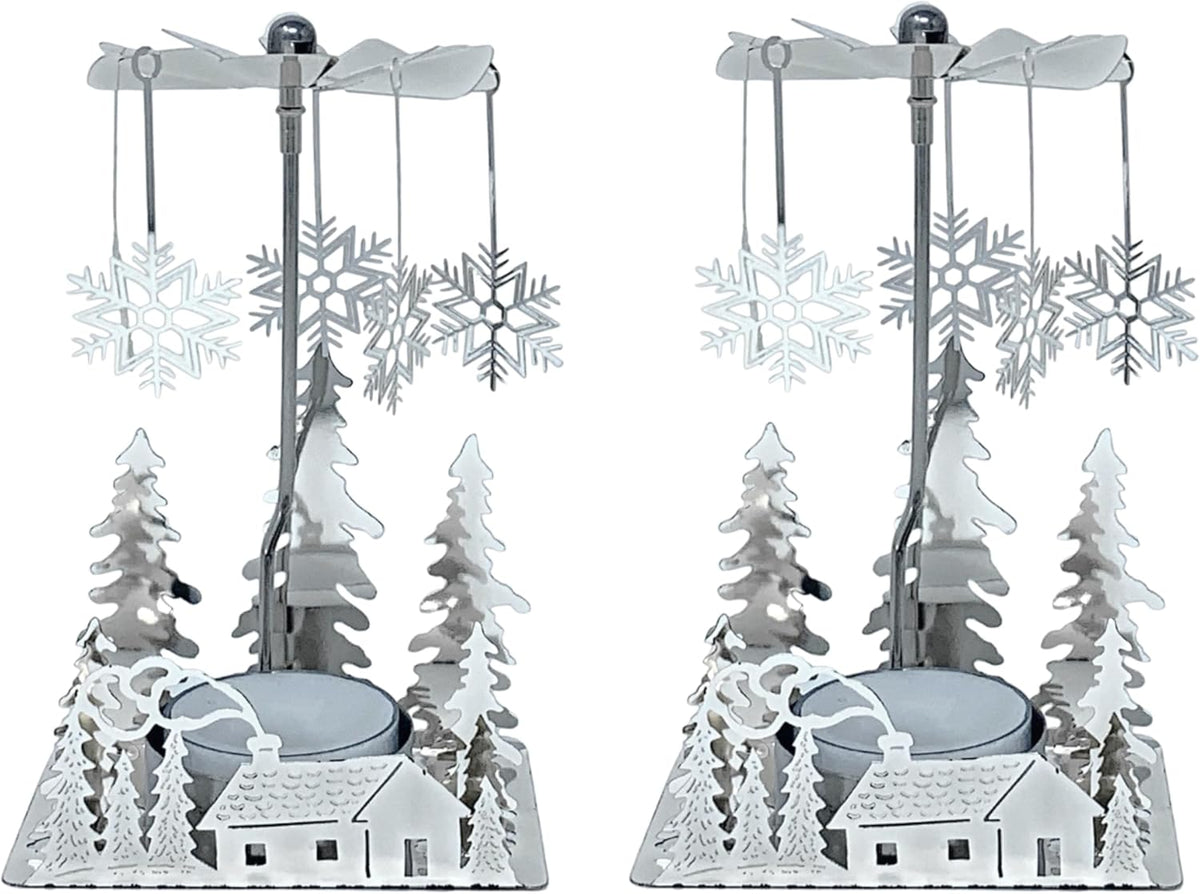 Winter Cabin Holiday Silver Candle Spinners Set of 2 – Silver Plated Laser Cut Christmas Cabin Scene Tea Light Candle Holders with Snowflake Charms – 5" Holiday Tabletop Décor