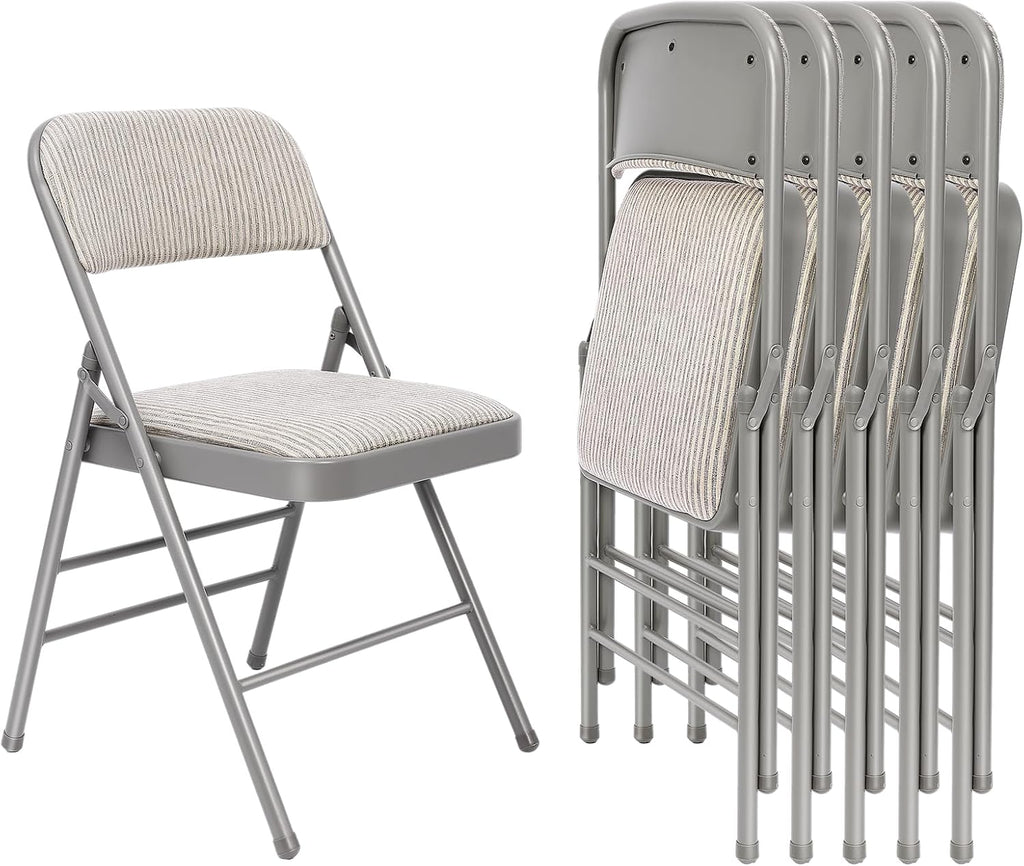 6 Pack Padded Folding Chairs with Fabric Cushion and Back, Oatmeal Stripe | Heavy Duty Foldable Dining Chair Set with Steel Frame Stackable Seat for Party Home Office Event Wedding Indoor Outdoor
