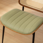 Rattan Dining Room Chairs Set of 4,Mid Century Modern Green PU Leather Kitchen Chair,Upholstered Seat Metal Legs Chairs with Adjustable Foot Pads,Walnut Armless Side Chairs