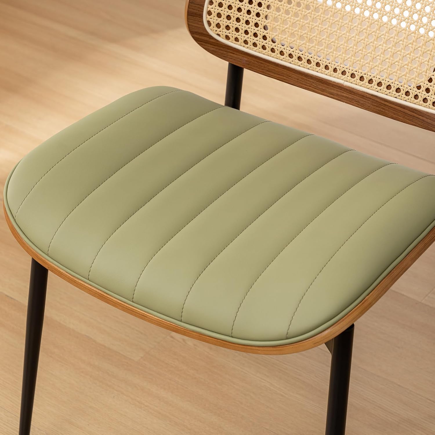 Rattan Dining Room Chairs Set of 4,Mid Century Modern Green PU Leather Kitchen Chair,Upholstered Seat Metal Legs Chairs with Adjustable Foot Pads,Walnut Armless Side Chairs
