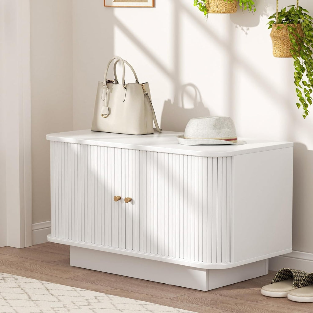 AKMAKM Fluted Entryway Bench with Shoe Storage, 31" W Small Shoe Bench with Sliding Door, Mud Room Benches with Seat, Upholstered Wooden Rack Organization for Living Room, Apartment, Dorm, White