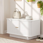 AKMAKM Fluted Entryway Bench with Shoe Storage, 31" W Small Shoe Bench with Sliding Door, Mud Room Benches with Seat, Upholstered Wooden Rack Organization for Living Room, Apartment, Dorm, White