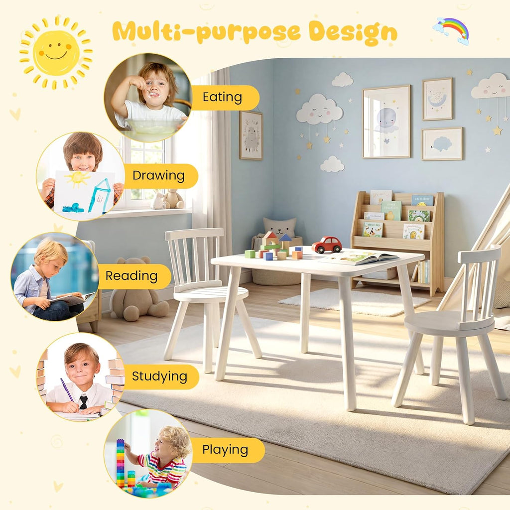 GLACER Kids Table and Chairs, 3-Piece Wooden Activity Table and Chair Set with Pine Legs & Windsor Back for Play, Reading & Learning, Playroom Nursery Furniture for Boys and Girls Ages 3+ (White)